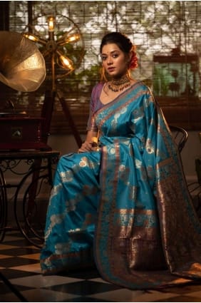 Tissage Banarasi Soie Banarasi Saree En Bleu Ciel SR23836