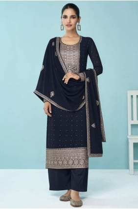 costume palazzo faux georgette eid en bleu avec brodé PZ3417