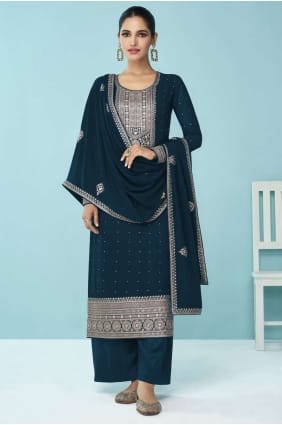 costume palazzo faux georgette eid en bleu sarcelle avec brodé PZ3421