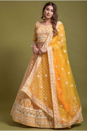 costume eid lehenga jaune net brodé LC6367