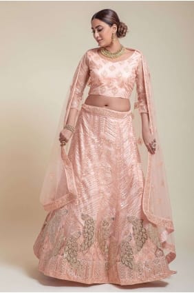 mariage lehenga choli en filet de pêche avec brodé LC6371