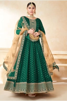 Costume vert Anarkali en taffetas brodé AS3377