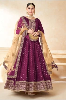 costume anarkali brodé en taffetas bordeaux avec dupatta AS3378