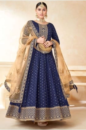 Costume Anarkali bleu taffetas brodé AS3379