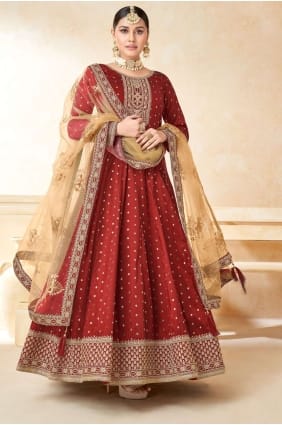 Maroon Taffeta Anarkali Costume avec broderie AS3380