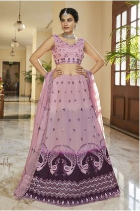 lehenga choli de mariage brodé violet en soie d'art LC6439
