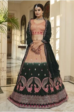 mariage d'art en soie lehenga choli avec brodé en vert LC6441