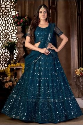 Bleu sarcelle brodé Party Lehenga Choli en filet LC6454