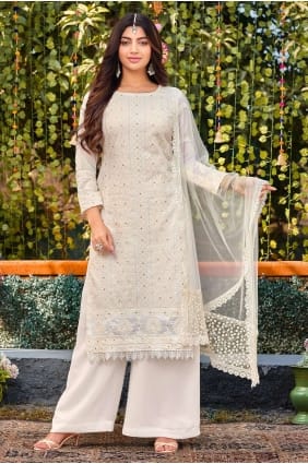 Faux Georgette blanc Eid Palazzo Costume brodé PZ3444