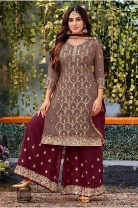 Costume brodé Faux Georgette Eid Palazzo en marron avec dupatta PZ3445