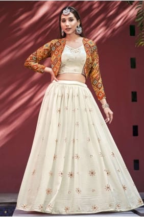 choli lehenga beige brodé en mousseline de soie avec dupatta LC6495