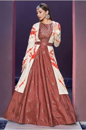 lehenga choli en soie d'art orange rouille avec broderie LC6496