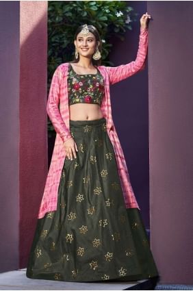 choli lehenga vert olive avec soie d'art brodée LC6498