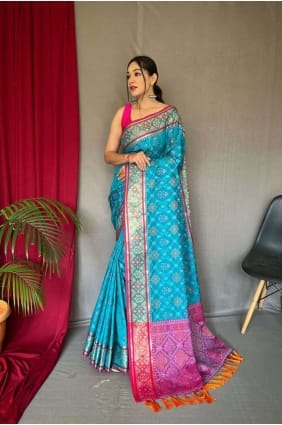 tissage sari en soie bleu patola SR24170