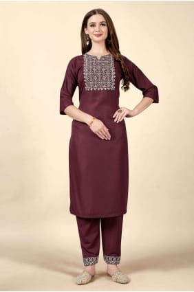 kurti droit brodé vin en coton KTI1781