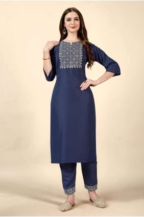 kurti droit bleu brodé en coton avec dupatta KTI1782