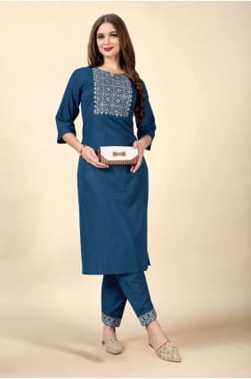 Kurti brodé en coton droit en bleu sarcelle KTI1784