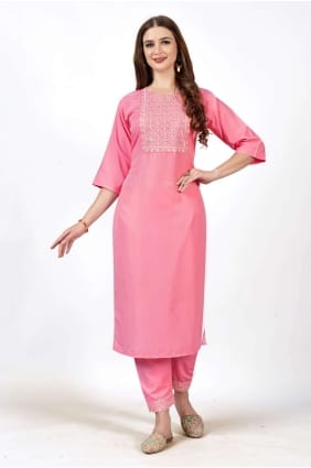 Kurti brodé en coton droit en rose KTI1785