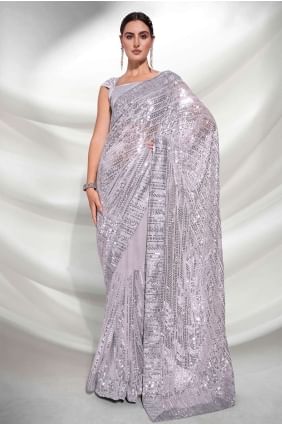 sari de soirée en georgette brodée en gris avec chemisier SR24186