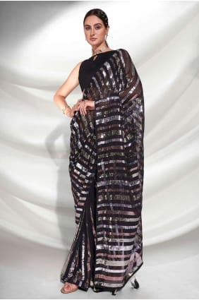 robe de soirée en georgette brodée sari en noir SR24214