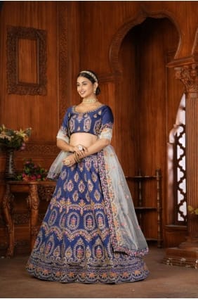 taffetas bleu lehenga choli brodé LC6729