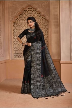 sari noir avec tissage de soie grège SR24275