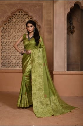 tissage de soie brute mehndi sari avec chemisier SR24279