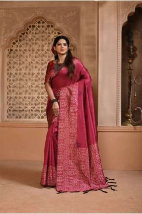 Saris de soie brute en rose avec tissage SR24281