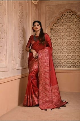 Saris de soie brute avec tissage en rouge SR24282