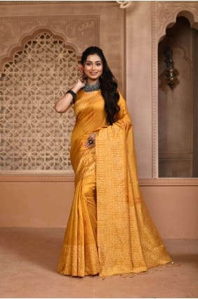 sari jaune en tissage de soie grège SR24284