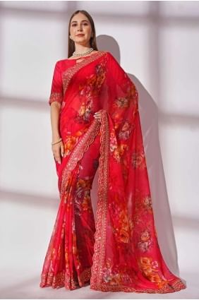 sari en georgette brodé, imprimé et bordé de dentelle rose SR24299