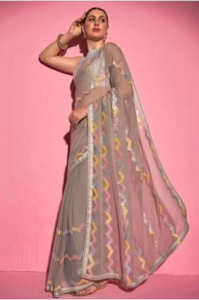 sari en georgette gris avec broderie SR24306