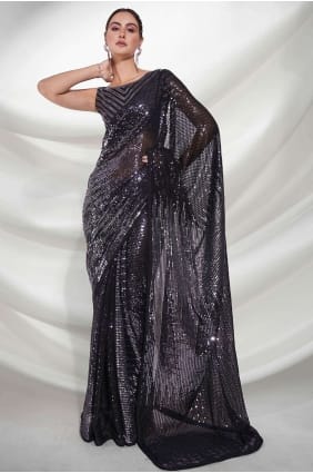 sari noir en georgette brodé SR24308