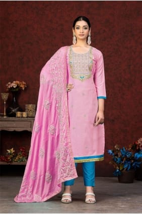 salwar kameez brodé rose en coton SK153118