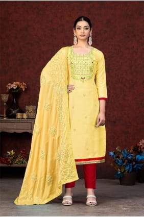 salwar kameez brodé en coton jaune SK153119