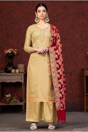 tissage salwar kameez en soie banarasi beige SK153141