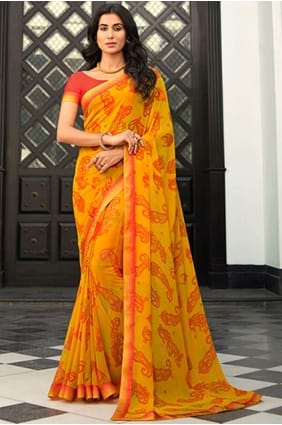 sari jaune avec imprimé, bordure en dentelle georgette SR24586