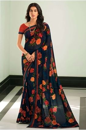 sari en georgette bleue avec bordure en dentelle imprimée SR24587