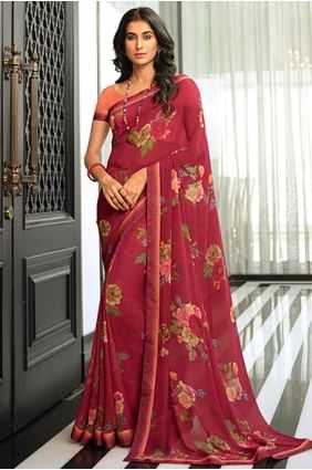 meilleur sari en georgette avec bordure en dentelle imprimée SR24588