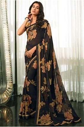 sari en georgette noire avec bordure en dentelle imprimée SR24590