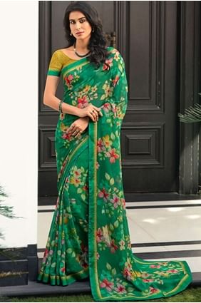 Saris de Georgette verte avec bordure imprimée en dentelle SR24591