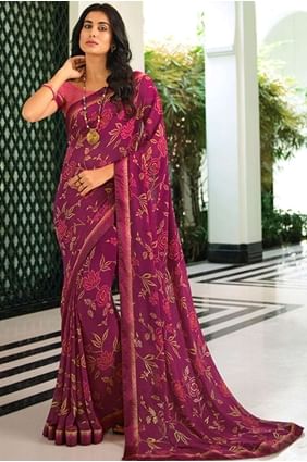 Saris de vin avec Georgette à bordure de dentelle imprimée SR24593