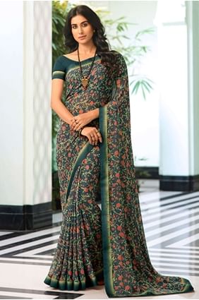 sari en georgette gris avec bordure en dentelle imprimée SR24594