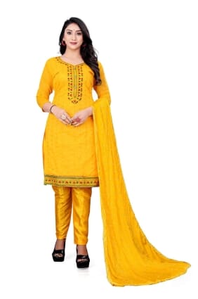 Salwar Kameez jaune en coton brodé SK153325