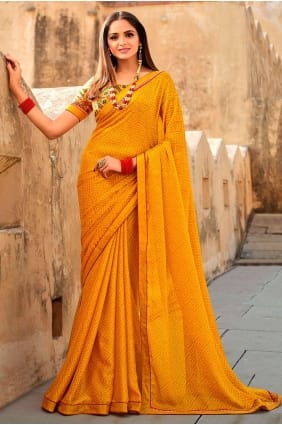 Sarais Georgette avec bordure imprimée en dentelle jaune SR24617
