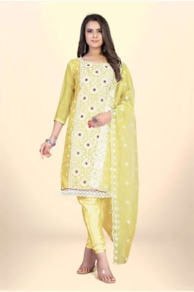 Salwar Kameez brodé jaune en organza SK153346