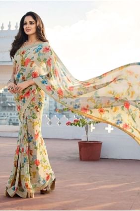 Sari en georgette avec bordure en dentelle imprimée beige SR24636