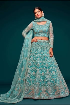 doux filet de mariage lehenga choli en aqua avec brodé LC6882
