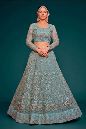 mariage brodé lehenga choli en filet aqua doux LC6886