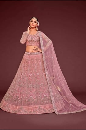 doux filet de mariage lehenga choli avec brodé en rose LC6889